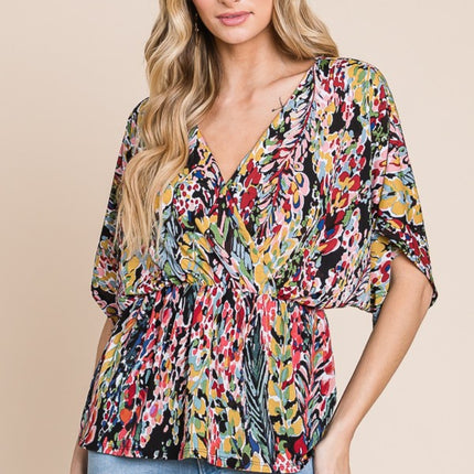 BOMBOM Printed Surplice Peplum Blouse