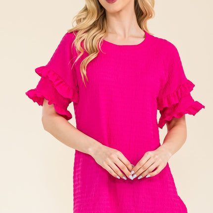 Celeste Full Size Ruffle Short Sleeve Texture Top