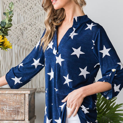 Heimish Full Size Roll-Tab Sleeve Star Print Top