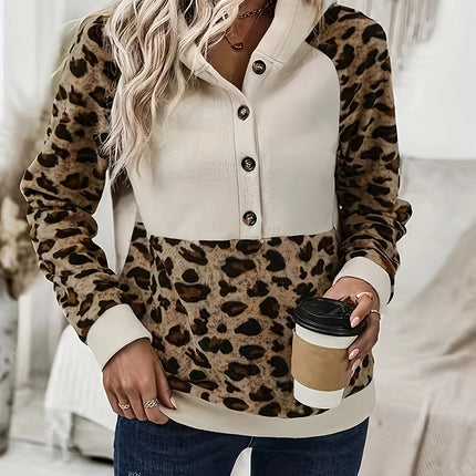 Leopard Half Button Long Sleeve Hoodie