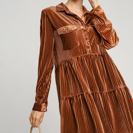 Umgee Texture Tiered Collared Long Sleeve Dress