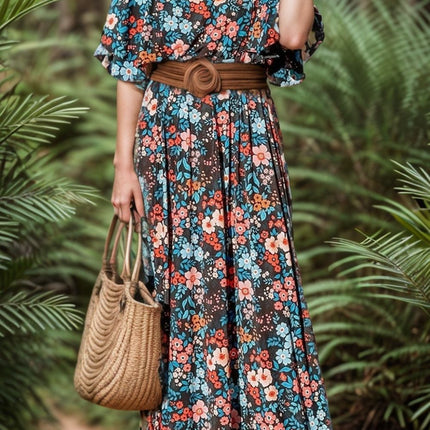Tied Printed Round Neck Half Sleeve Dress