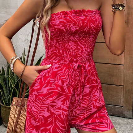 Smocked Printed Tube Romper with Pockets