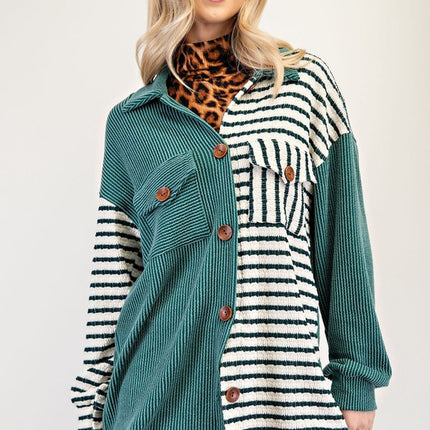 Celeste Full Size Striped Button Up Dropped Shoulder Shacket