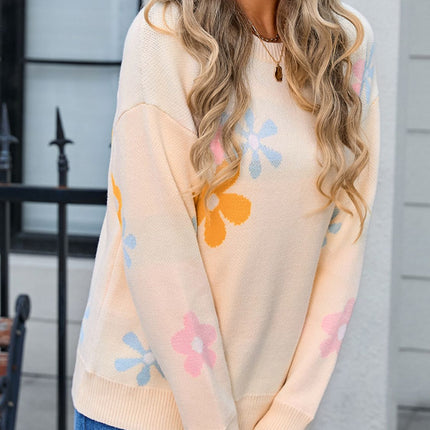 Flower Round Neck Dropped Shoulder Sweater