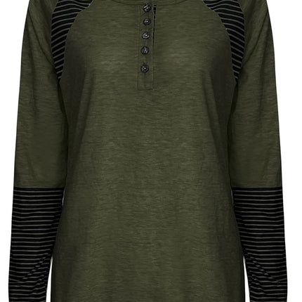 Full Size Striped Quarter Button Long Sleeve T-Shirt