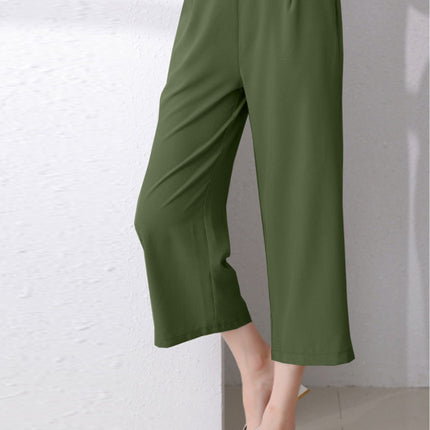 Full Size Pocketed Half Elastic Waist Pants
