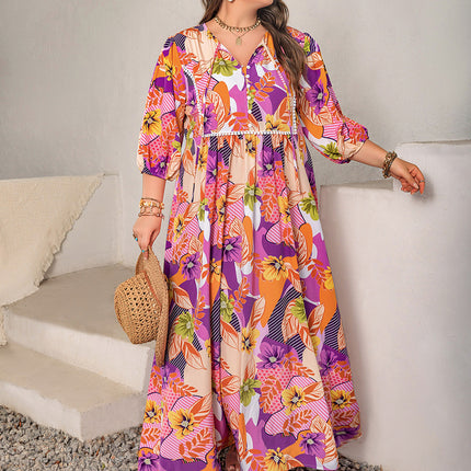 Plus Size Printed Tie Neck Maxi Dress