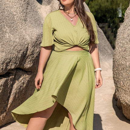 Plus Size V-Neck Half Sleeve Top and High-Low Skirt Set