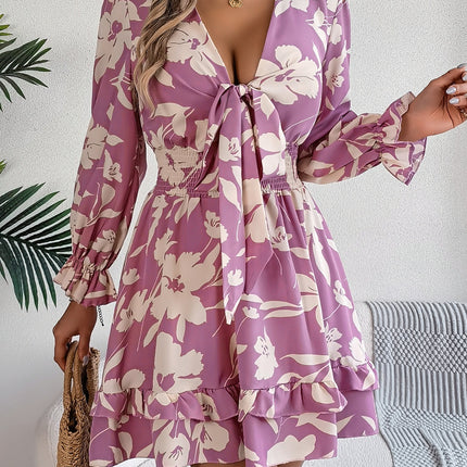 Tied Ruffled Printed Long Sleeve Dress