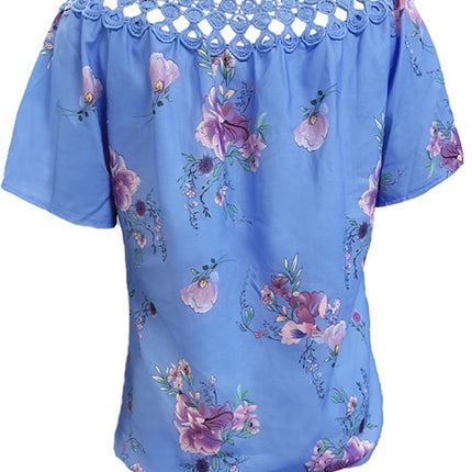 Full Size Printed Tie Neck Short Sleeve Blouse