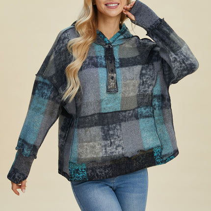 Double Take Full Size Plaid Dropped Shoulder Fleece Hoodie