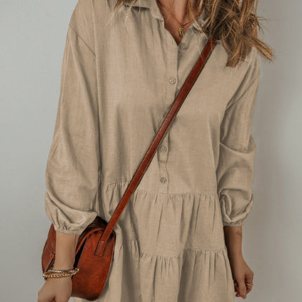 Tiered Collared Neck Balloon Sleeve Shirt Dress