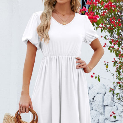 V-Neck Balloon Short Sleeve Dress