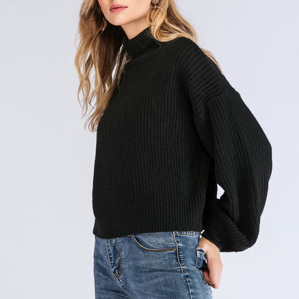 Double Take Turtleneck Rib-Knit Dropped Shoulder Sweater