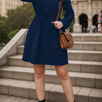 Drawstring Waist Notched Long Sleeve Dress