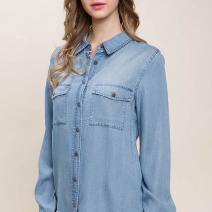 Love Tree Scooped Hem Button Up Denim Shirt