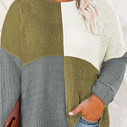 Plus Size Color Block Round Neck Sweater