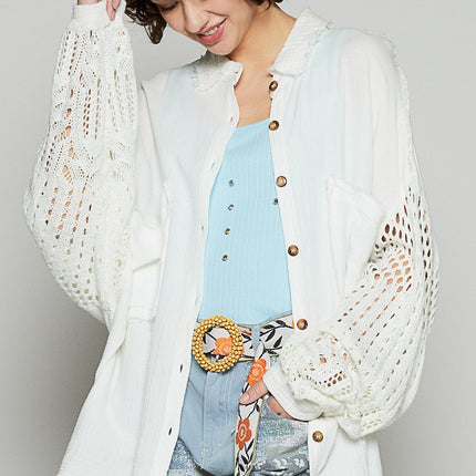 POL Openwork Lantern Sleeve Button Down Gauze Shirt