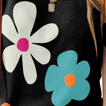 Flower Round Neck Short Sleeve Blouse