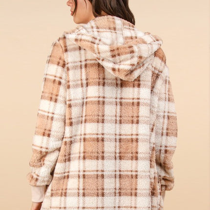 VERY J Fuzzy Plaid Long Sleeve Hooded Jacket