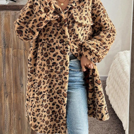 Leopard Button Up Long Sleeve Fuzzy Coat