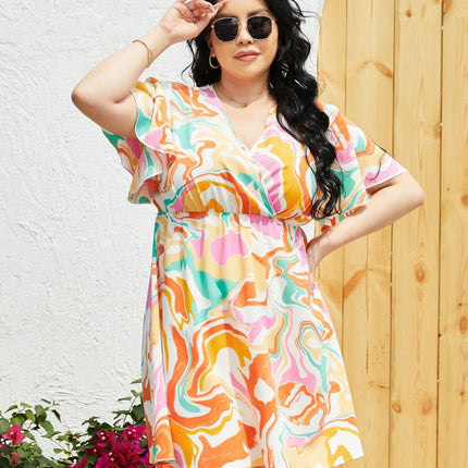 Plus Size Printed Surplice Flutter Sleeve Mini Dress