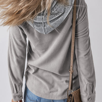 Drawstring Button Up Long Sleeve Hooded Jacket - Vickie Lynn's