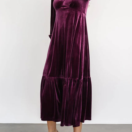 V-Neck Long Sleeve Midi Velvet Dress