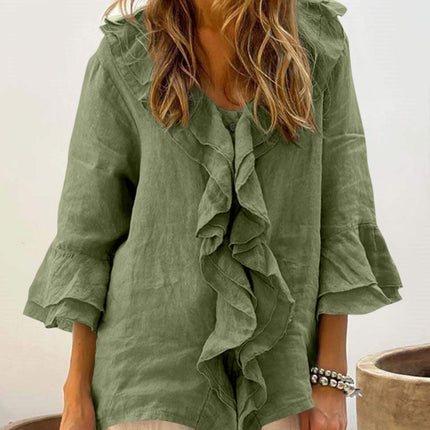 Full Size Ruffled V-Neck Flounce Sleeve Blouse