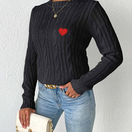 Cable-Knit Heart Round Neck Long Sleeve Sweater