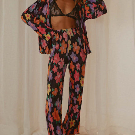 Printed Collared Neck Long Sleeve Top and Pants Lounge Set