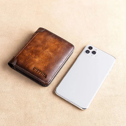 Genuine Leather Rfid Protection Wallets for Men Vintage Thin Short Multi Function ID Credit Card Holder Money Bag