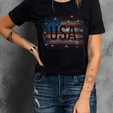 USA Rhinestone Round Neck Short Sleeve T-Shirt