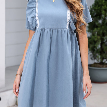 Ruffled Round Neck Short Sleeve Denim Dress