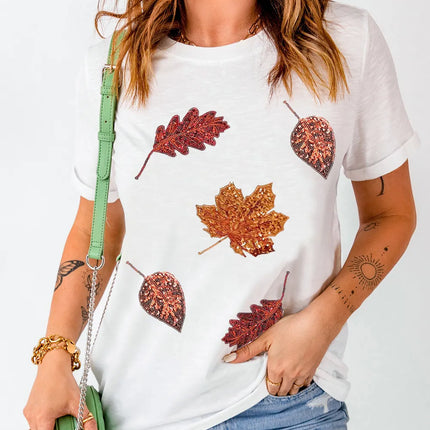 Maple Leaf Round Neck Short Sleeve T-Shirt