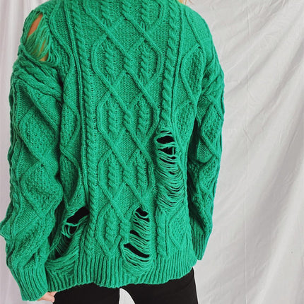 Distressed Cable-Knit Round Neck Long Sleeve Sweater