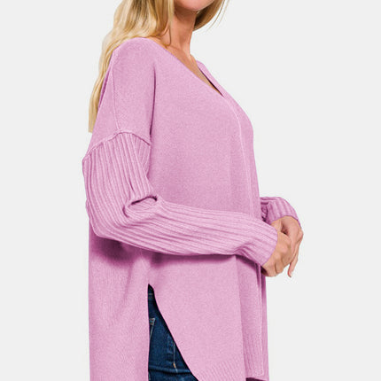 Zenana V-Neck Side Slit High-Low Sweater