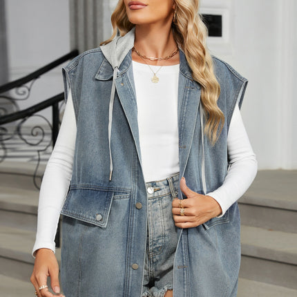 Removable Hood Button Up Cap Sleeve Denim Jacket