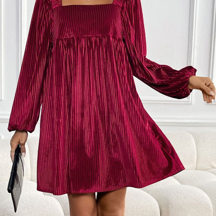 Perfee Tied Pocketed Square Neck Long Sleeve Dress