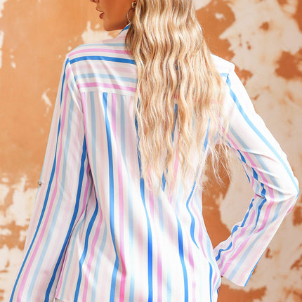 Double Take Striped Long Sleeve Collared Shirt