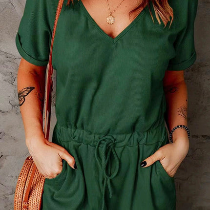 Full Size Drawstring V-Neck Short Sleeve Romper