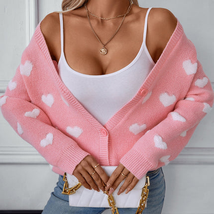 Heart V-Neck Button Up Long Sleeve Cardigan