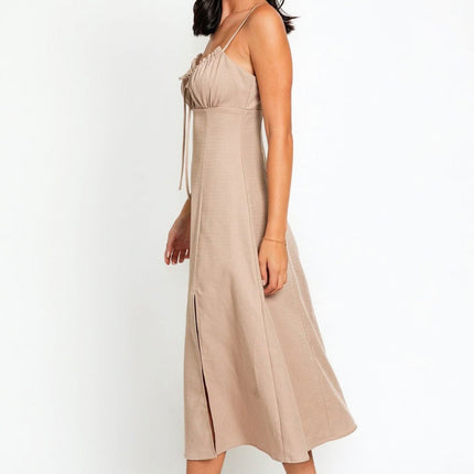 Tasha Apparel Flare Front Tie Front Slit Midi Dress