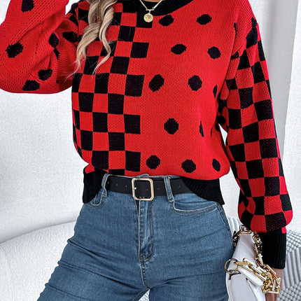 Plaid Round Neck Long Sleeve Sweater