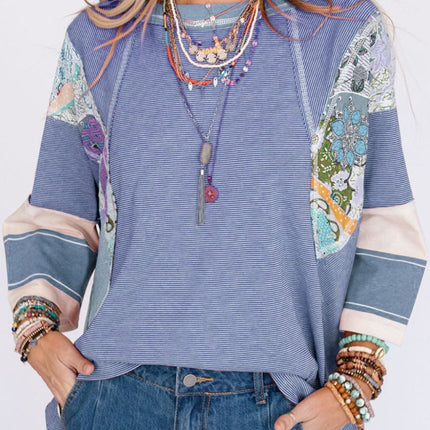 Striped Floral Patchwork Round Neck Top