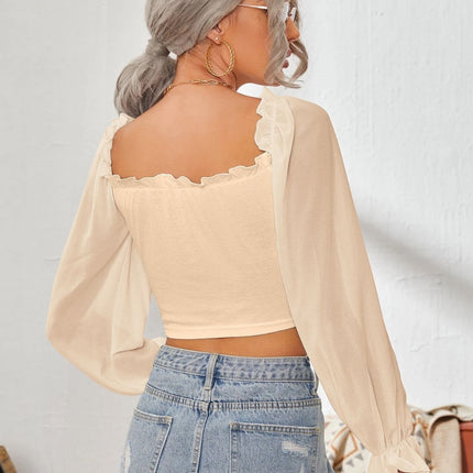 Mesh Sweetheart Neck Flounce Sleeve Top