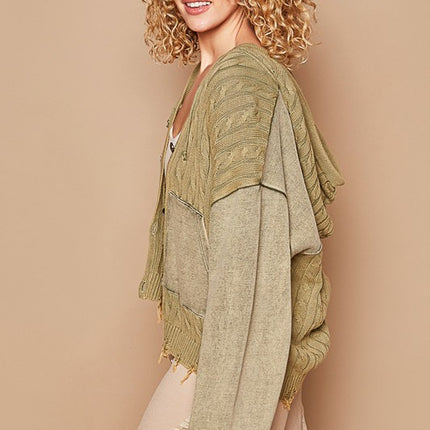 POL Distressed Hem Button Up Hooded Cardigan