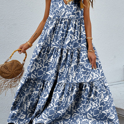 Tiered Printed V-Neck Sleeveless Dress