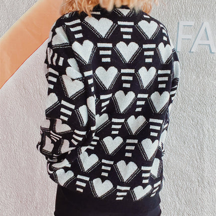 Heart Contrast Long Sleeve Dropped Shoulder Sweater